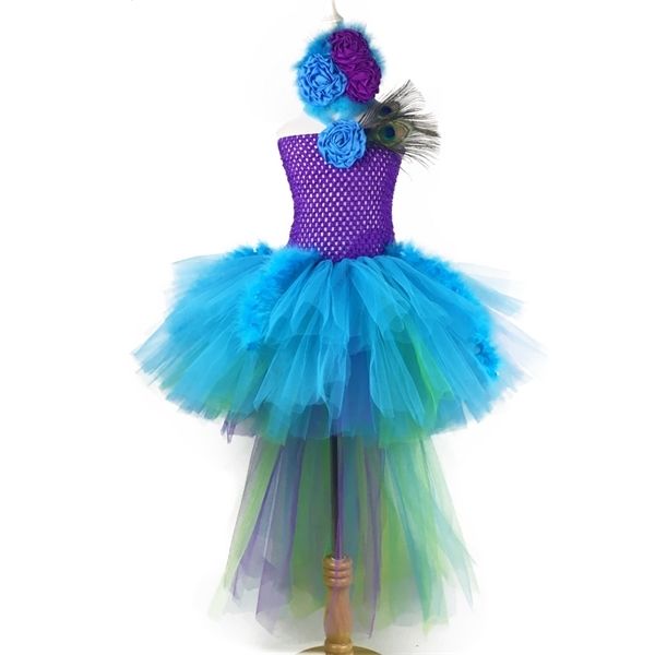 

girls peacock feather tutu dress kids crochet tulle trailing dress with flower hairbow children party costume cosplay dresses 0924, Red;yellow