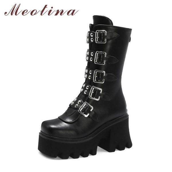 

meotina buckle platform super high heel mid calf boots women shoes rivet chunky heels zip fashion ladies boots winter black 44