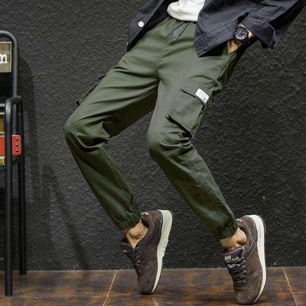 

men trousers casual wear-resistant large size ankle-tied drawstring cotton pockets pants running sports jogging pants hip hop, Black