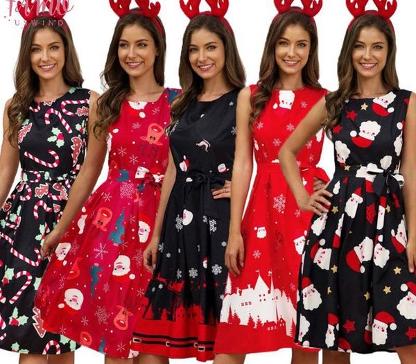 

plus size woman vintage dress santa christmas xmas printed o neck sleeveless swing dress women clothing hot, Black;gray