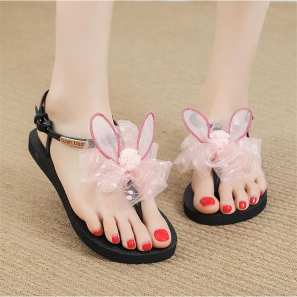 

ears sandals female summer 2020 new wild flat sweet girl fashion net red beach shoes, Black