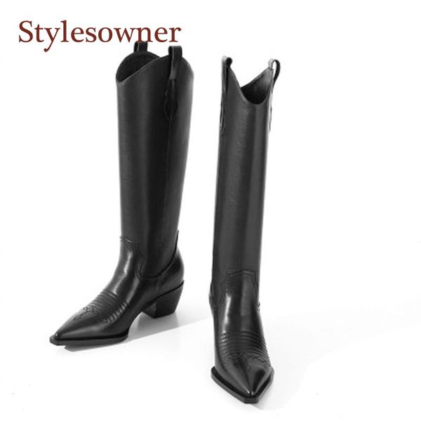

boots western cowboy woman pointed toe thick-heel long genuine leather square heel high-heel black white green sexy