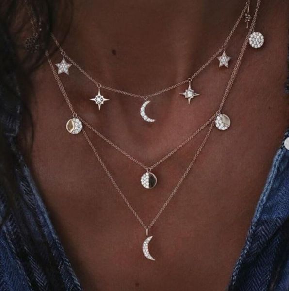 

pendant necklaces fashion bohemian ethnic gold silver plated crescent star necklace for women vintage crystal moon sun round choker boho