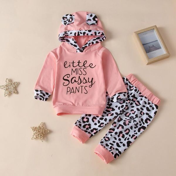 Bambino Neonate Cartoon Lettera Stampa Leopardata Felpa con cappuccio Top + Pantaloni Abiti Orecchie carine Animali Felpe con cappuccio Vestiti per neonati bebes