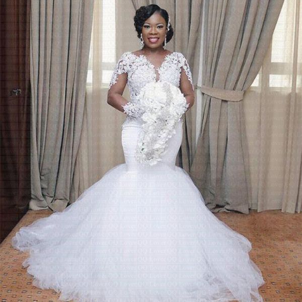 

2020 African Sexy Lace Mermaid Wedding Dress Long Illusion Sleeve Bridal Gowns Vestido De Novia, White