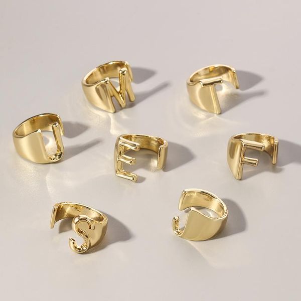 

cluster rings golden 26 letters opening ring hollow a-z letter metal charm gold color adjustable fashion jewelry gifts for men women, Golden;silver