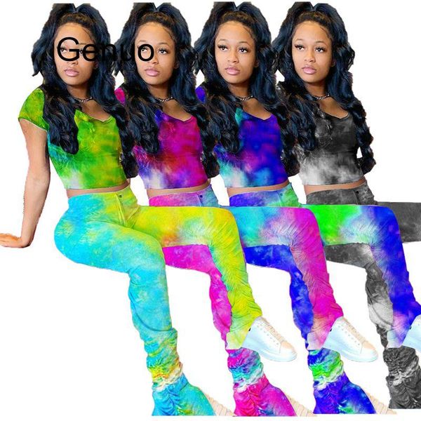 

tie dye two piece set women summer clothes crop and split hem stacked leggings pant matching sets club outfits, White