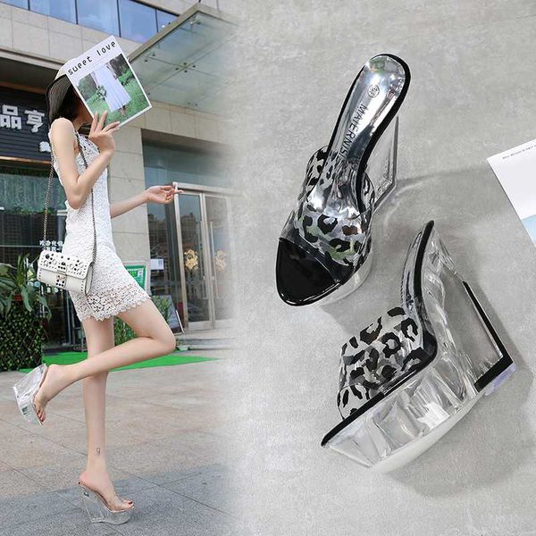

14cm super high heeled shoes leopard clear crystal wedges slippers 6 inches shallow open toe women's color novelty party, Black