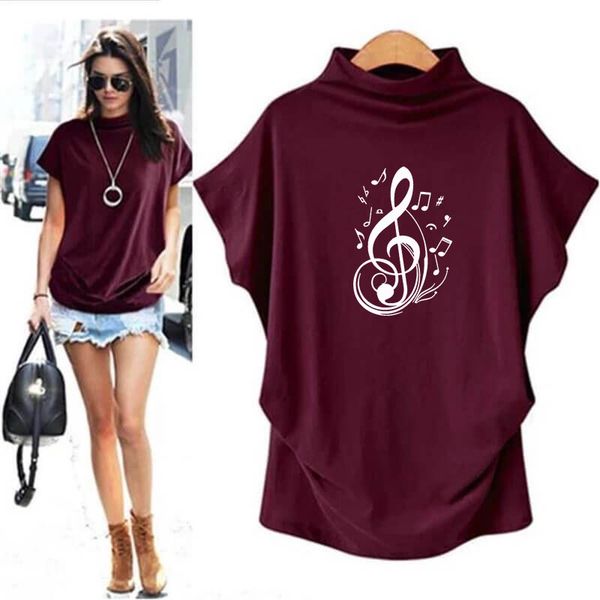 

women's t-shirt music note moon star graphic print women lover gift high collar tshirt for female tumblr streetwear, White