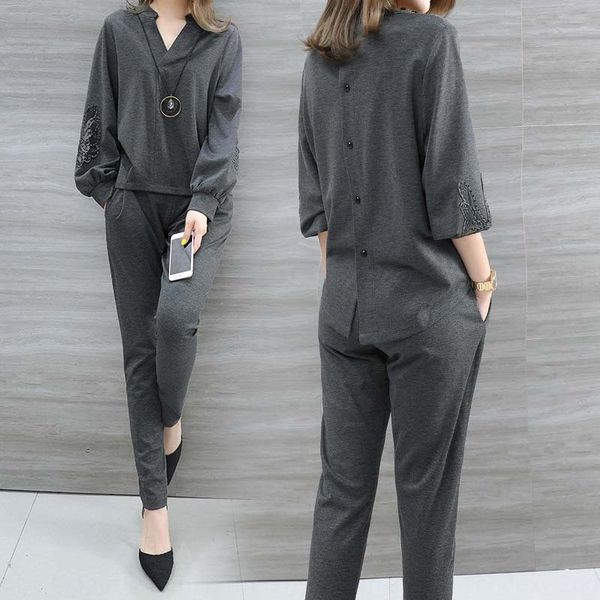 

hong kong fashion suit women's korean style slimming western style aging two-piece suit pants 2019 autumn new light mature temperament, Gray