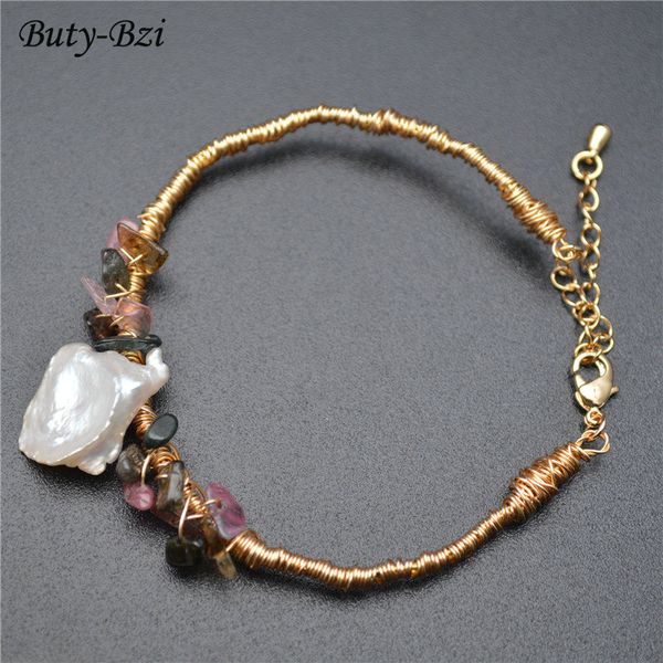 

charm bracelets handmade golden winding natural white pearl mix tourmaline stone beads bracelet beautiful jewelry birthday gift, Golden;silver