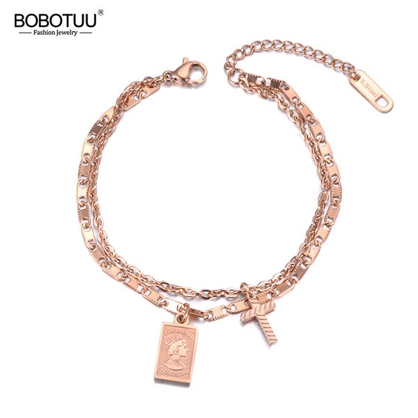 

link, chain bobotuu double layer retro cross tag charm bracelet elizabeth coin jewelry titanium steel & link women's bb19043, Black