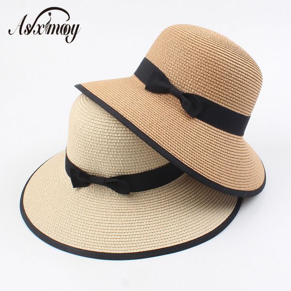 

wide brim hats summer sun hat visor straw-cap women foldable panama female ribbon bow straw-hats fedora beach bucket, Blue;gray