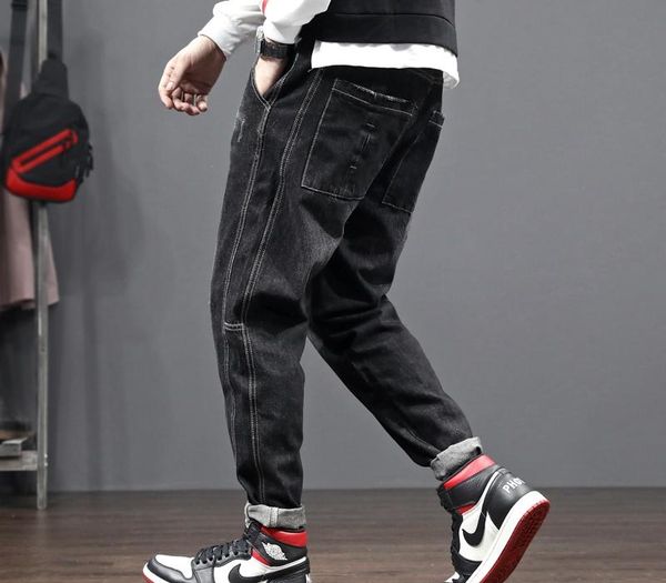 

fashion streetwear men jeans loose fit black spliced designer harem pants wide leg trousers japanese vintage hip hop jeans men, Blue