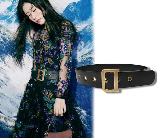 

awaytr new belt for women metal d buckle black wide belt decorative waistband adjustable golden buckle star same style, Black;brown
