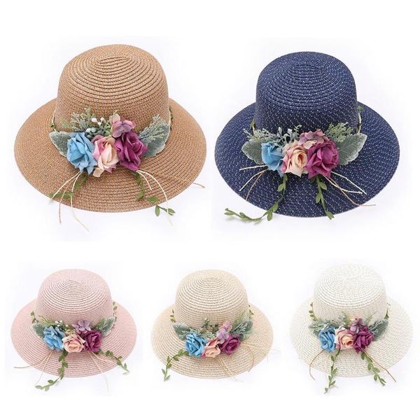 

summer straw hat for women faux flower wreath foldable straw hat women wide brim beach anti-uv sunhat femme shade, Blue;gray