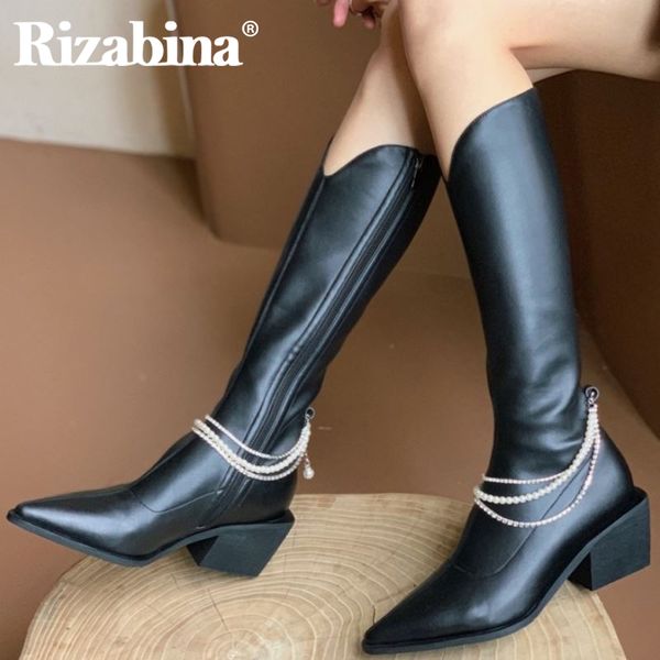 

rizabina women shoes knee high boots pointed toe thick heel zipper pearl chain street party shoes female footwear size 33-40, Black