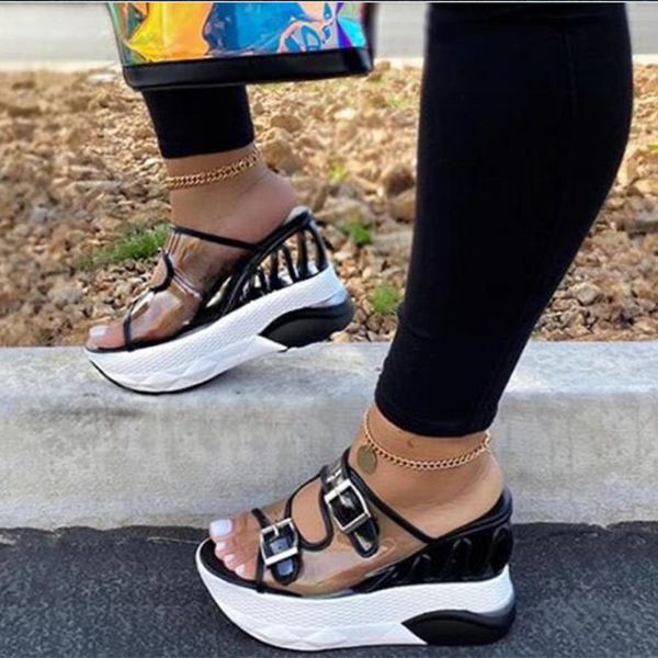 

2020 women's slippers transparent double buckle straps pvc ladies platform sandals superhigh woman female summer slides, Black