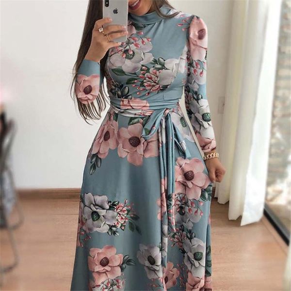 

2020 autumn and winter casual print with a long dress flower style fashion dress for women ins long sleeve slim dress s-3xl, Black;gray