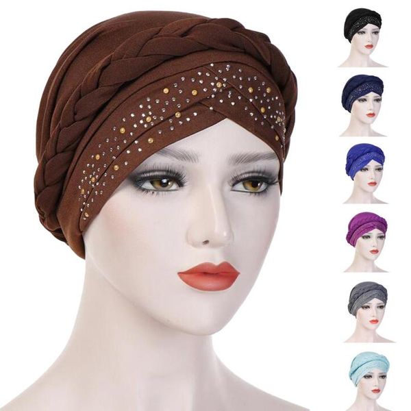 

new muslim women cap hat hair loss beanies chemo cap head wrap scarf braid headwear rhinestone turban head cover islam headscarf, Blue;gray