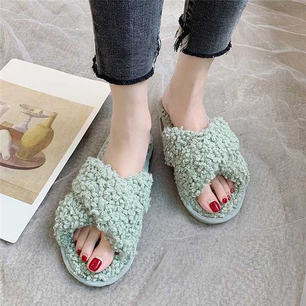 

women autumn cross slippers plush female casual summer new outdoor solid color lambswool home flat shoes, Black