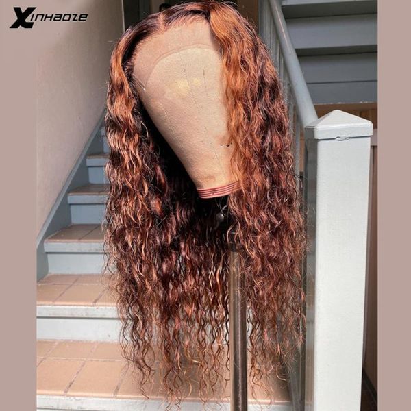 

brown 13x6 lace front wig wet and wave brazilian remy highlight ombre water wave t lace front human hair wigs bleach knots, Black;brown