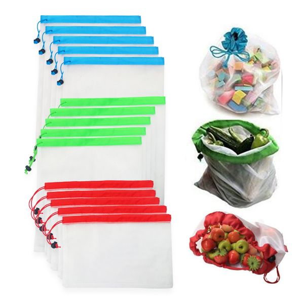 

hanging baskets 12pcs/lot reusable mesh produce bags washable eco friendly for grocery shopping storage fruit vegetable toys sundries bag