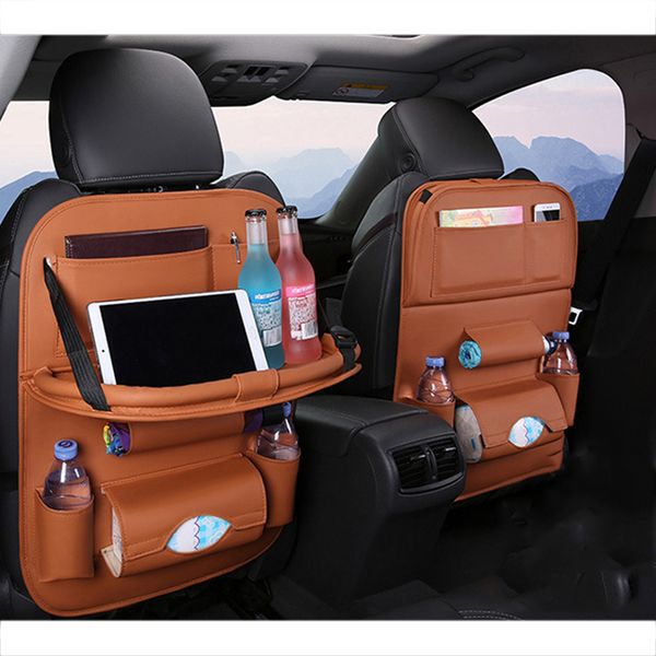 

car seat back hanging organizer bag multi-pocket protection pad pu leather drink cups storage travel table holder foldable shelf