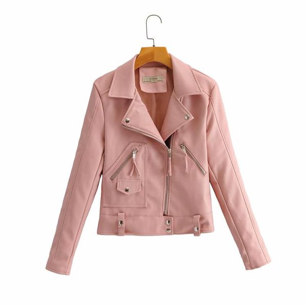 

2020 black pink clothing long sleeve new women jackets outerwear coats autumn small belt decorated pu leather motorcycle waist small coat, Black;brown