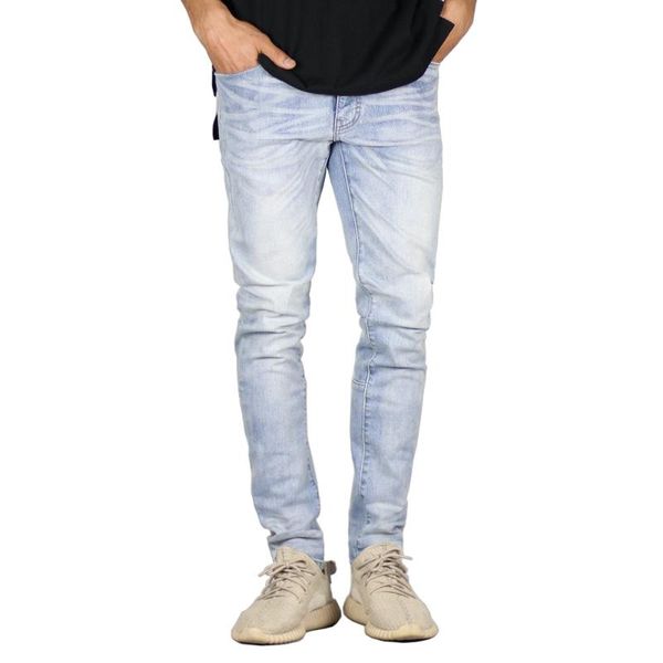 

men's jeans casual skinny men solid color bleached spliced denim pencil pants, Blue