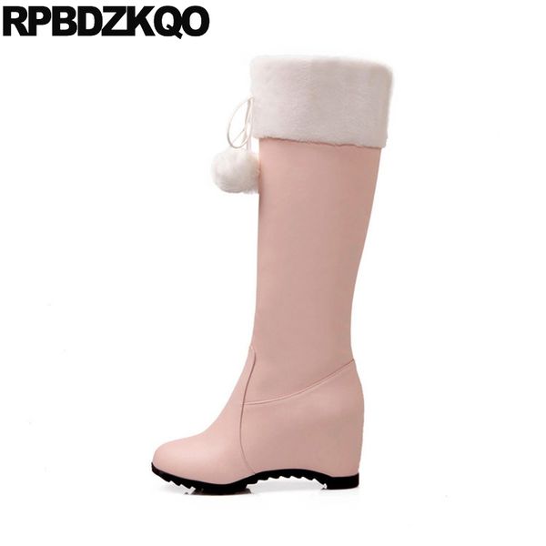 

boots waterproof hidden women snow winter fur shoes big size 34-43 pom poms pink faux wedge furry 10 long round toe japanese, Black