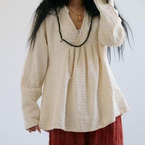 

2020 spring original design art long sleeve cotton linen shirt loose solid color plus size woman blusas blouse, White