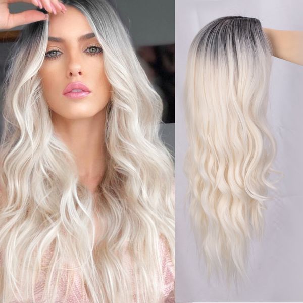 

fashion ombre black platinum/grey/blonde wig heat resistant fiber hair synthetic long wigs for black women cosplay wig