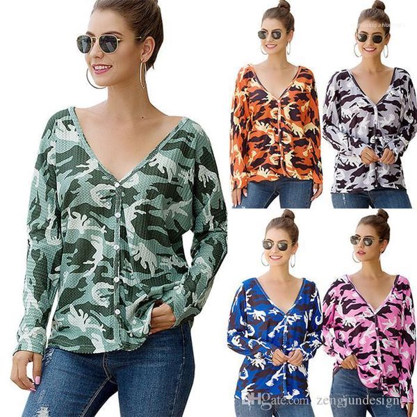 

spring new style female clothing fashion style casual apparel camouflage designer womens summer tshirts long sleeve v neck, White