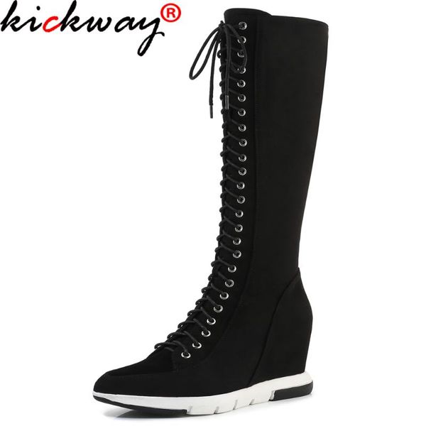

kickway black kid suede knee high boots women 2020 autumn winter ladies high heel wedges long thigh boots botas 34-39