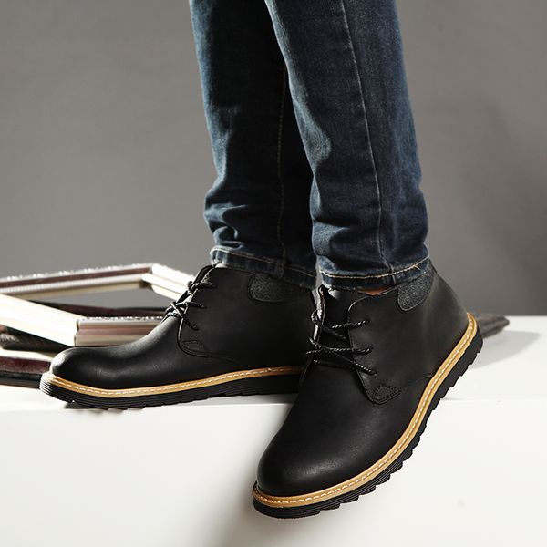 

men boots winter lace up vintage plush keep warm snow boots men footwear genuine leather casual shoes botas hombre, Black