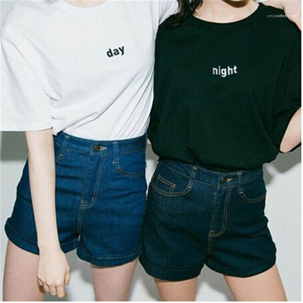 

summer short sleeve o neck ladies fashion loose couples tees day night printed womens tshirts, White