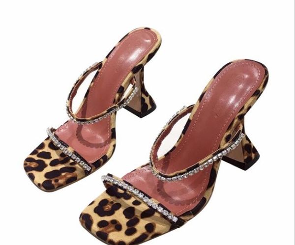 

ladies slippers square toe rhinestone high heels leopard print elegant casual sandals, Black