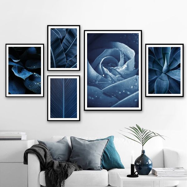 

blue rose flower banana leaves plant wall art canvas painting nordic posters and prints wall pictures for living room home decor