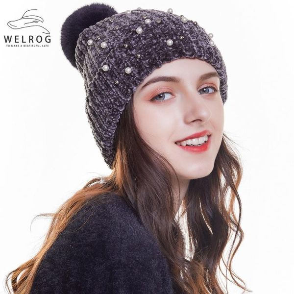 

beanie/skull caps welrog women chenille beanies winter hat with pompoms solid soft keep warmer pearls elastic knitted pom ball skullies gorr, Blue;gray