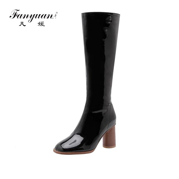 

fanyuan new 34-48 fashion patent pu knee high boots women 2020 party wedding boots waterproof high heels shoes woman, Black