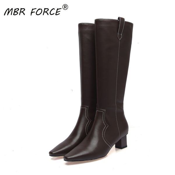 

mbr force fashion woman genuine leather handmade autumn winter knee high boots women all-match breathable simple, Black