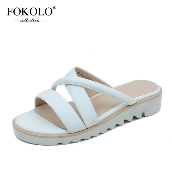 

fokolo fashion slippers women simple and soft genuine leather material ladies summer beach flats handmade 2020 brand shoes t2, Black