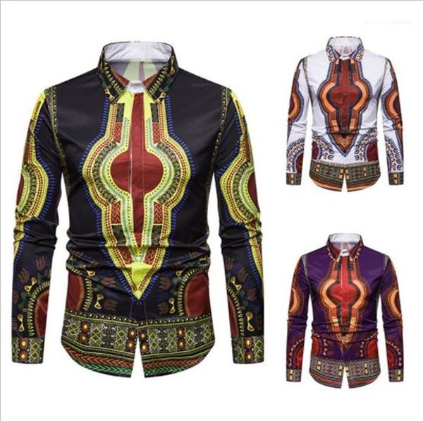 

tun-down collar shirts autumn mens clothing africa style mens designer shirts fashion ethic 3d digital printed long sleeve, White;black