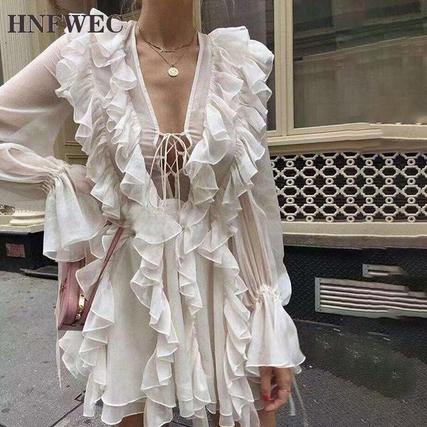 

casual dresses elegant ruffles women dress v neck bandages flare sleeve high waist loose perspective mini female 2021 r382, Black;gray