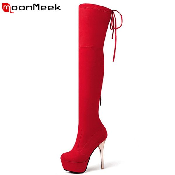 

moonmeek big size 33-43 over the knee boots women round toe platform super high thigh high boots flock ladies elastic, Black