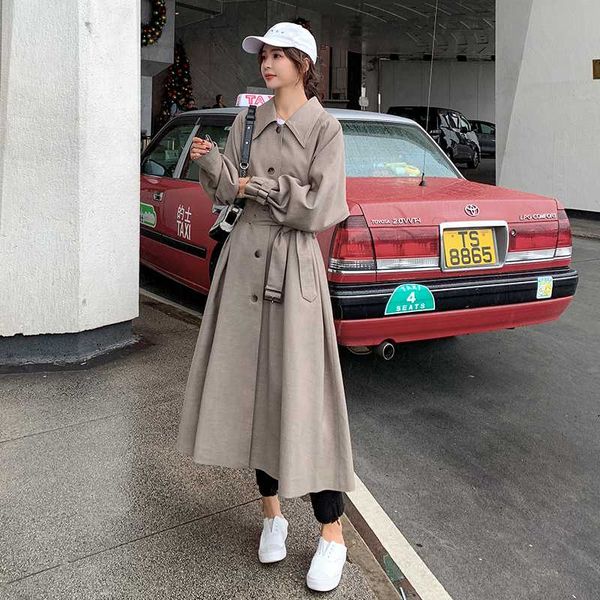 

2020 women clothes long trench coat loose casual single breasted sashe windbreaker female korean fashion overcoat outerwear, Tan;black