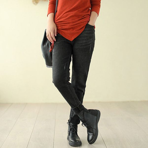 

women's jeans qpfjqd original cotton denim plus velvet pencil pants autumn winter literary edges cut retro casual thin women, Blue