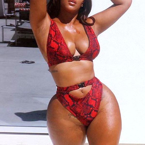

2020 змей печать нажмите вверх бикини высокой талии swimsuit женщина пряжки пояс купальники женского бразильского бикини установить высокий