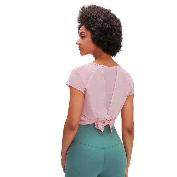 

lu-57 назад tie прохладного йог атлетик running футболка женщина сверхлегкая plain спорт фитнес тренировка топы tee рубашки с короткими рука, White;red